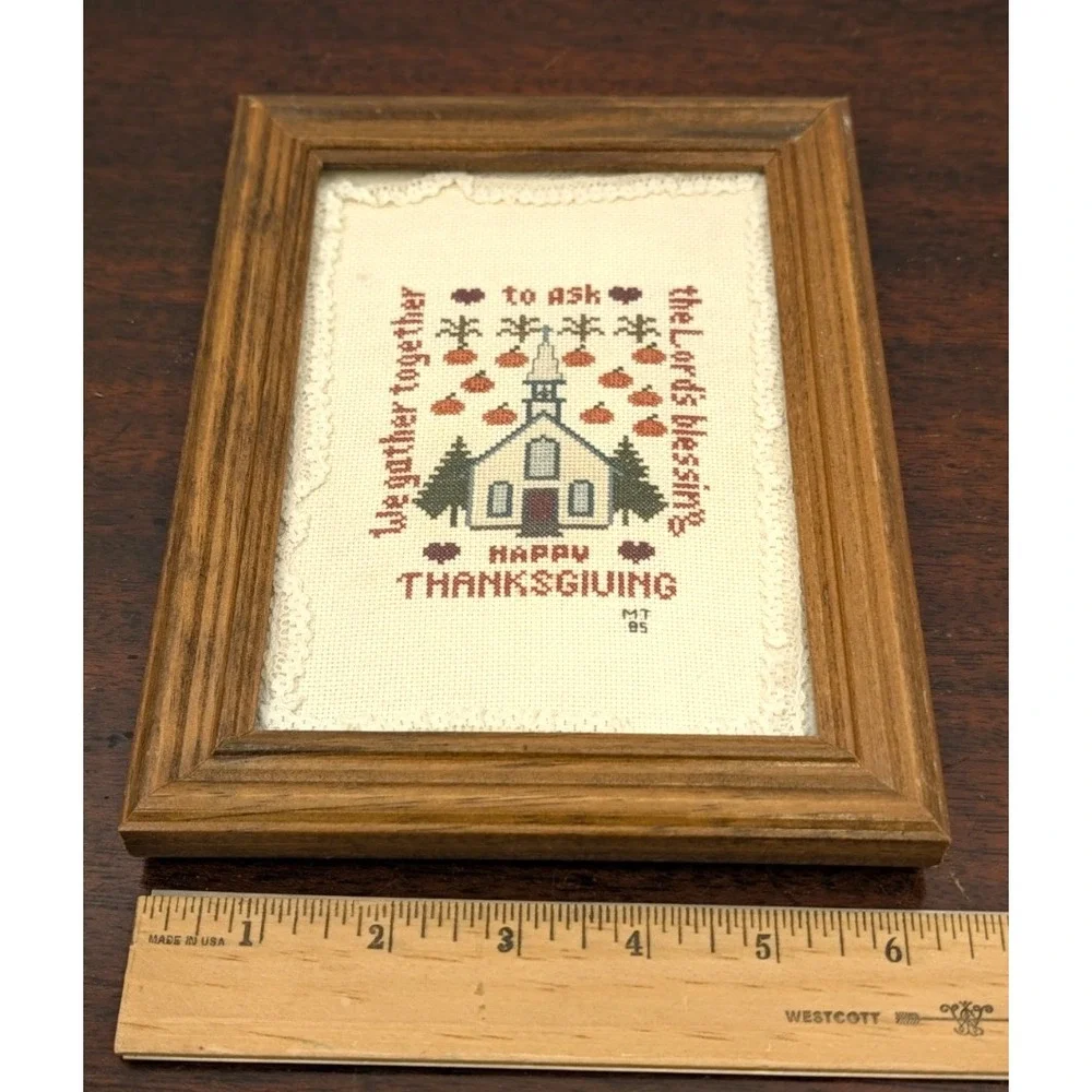 Vintage 1985 Thanksgiving Cross Stitch Sampler Framed Church Folk Art Needlework